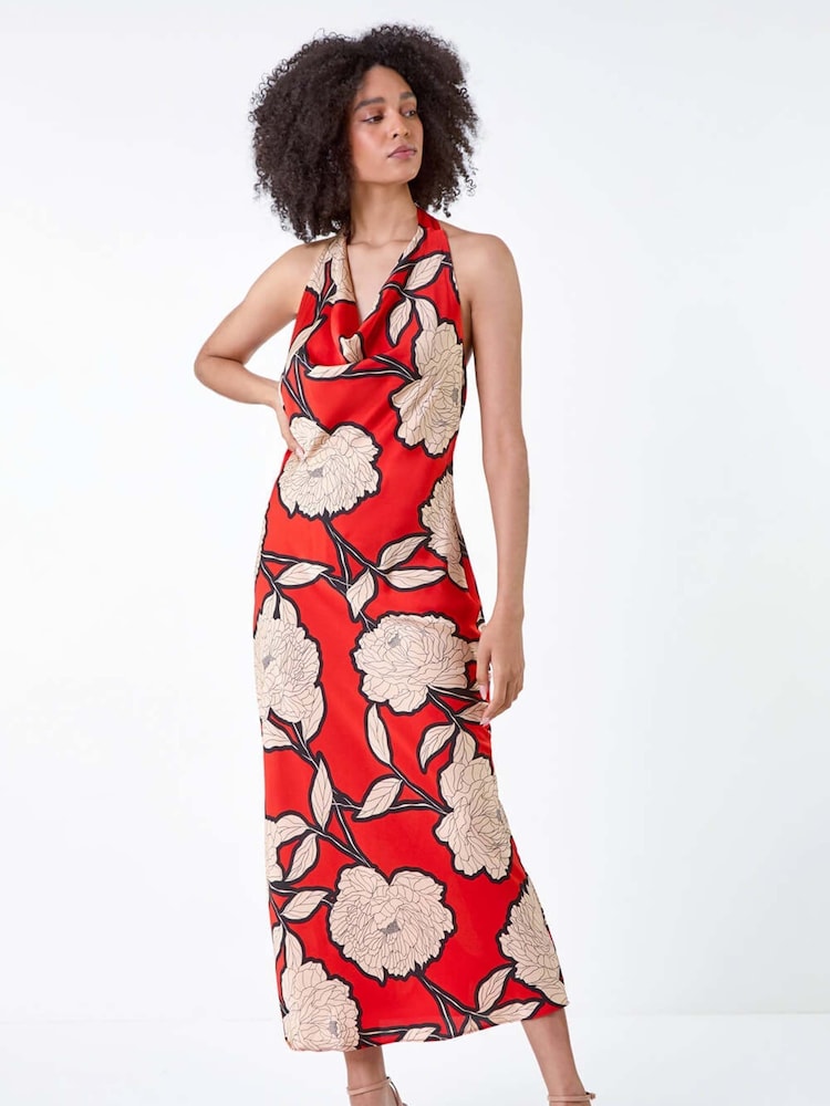 Roman Orange Floral Print Satin Bias Cut Dress - Image 1 of 5