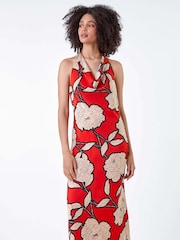 Roman Orange Floral Print Satin Bias Cut Dress - Image 2 of 5