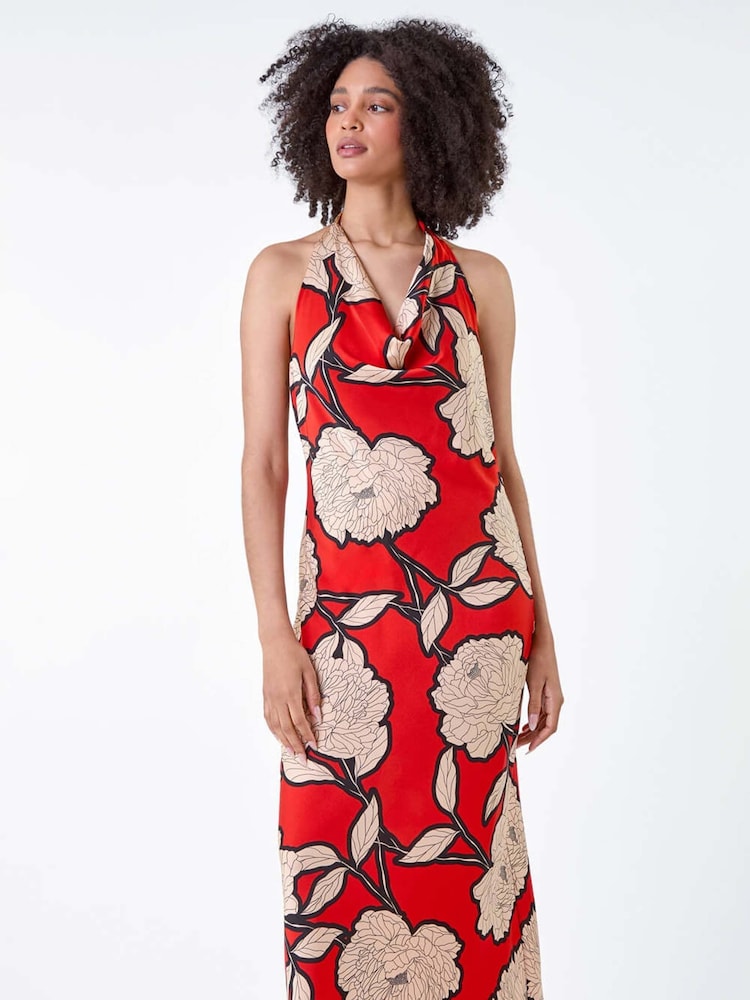 Roman Orange Floral Print Satin Bias Cut Dress - Image 2 of 5