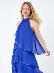 Roman Blue Sequin Trim Tiered Halterneck Dress - Image 2 of 5
