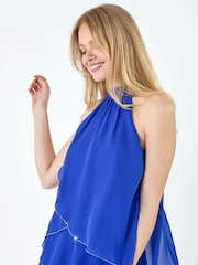 Roman Blue Sequin Trim Tiered Halterneck Dress - Image 4 of 5