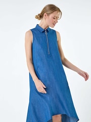 Roman Blue Denim Zip Detail Dipped Hem Midi Dress - Image 1 of 5