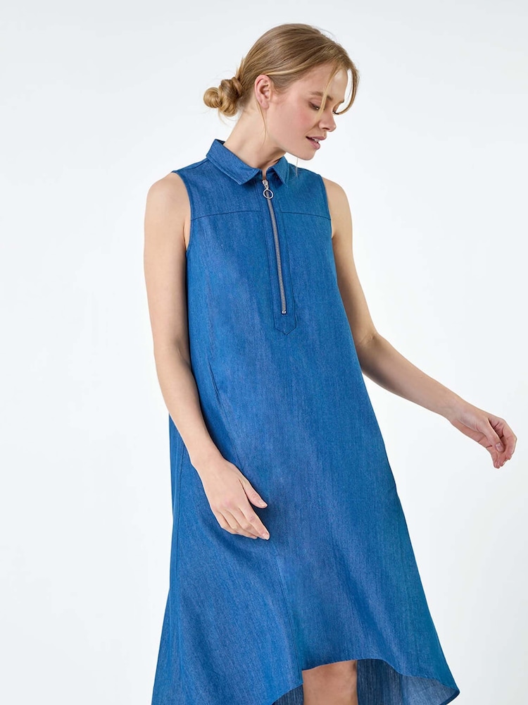 Roman Blue Denim Zip Detail Dipped Hem Midi Dress - Image 1 of 5