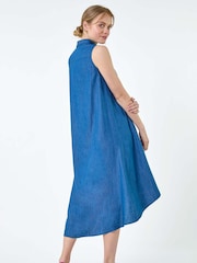 Roman Blue Denim Zip Detail Dipped Hem Midi Dress - Image 3 of 5
