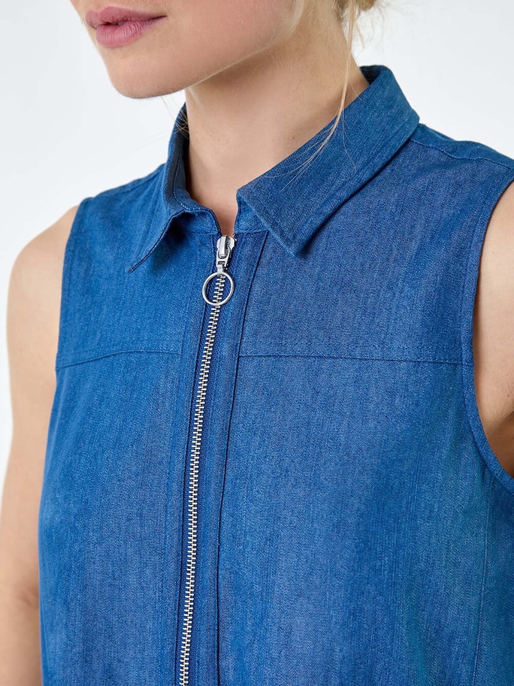 Roman Blue Denim Zip Detail Dipped Hem Midi Dress - Image 5 of 5