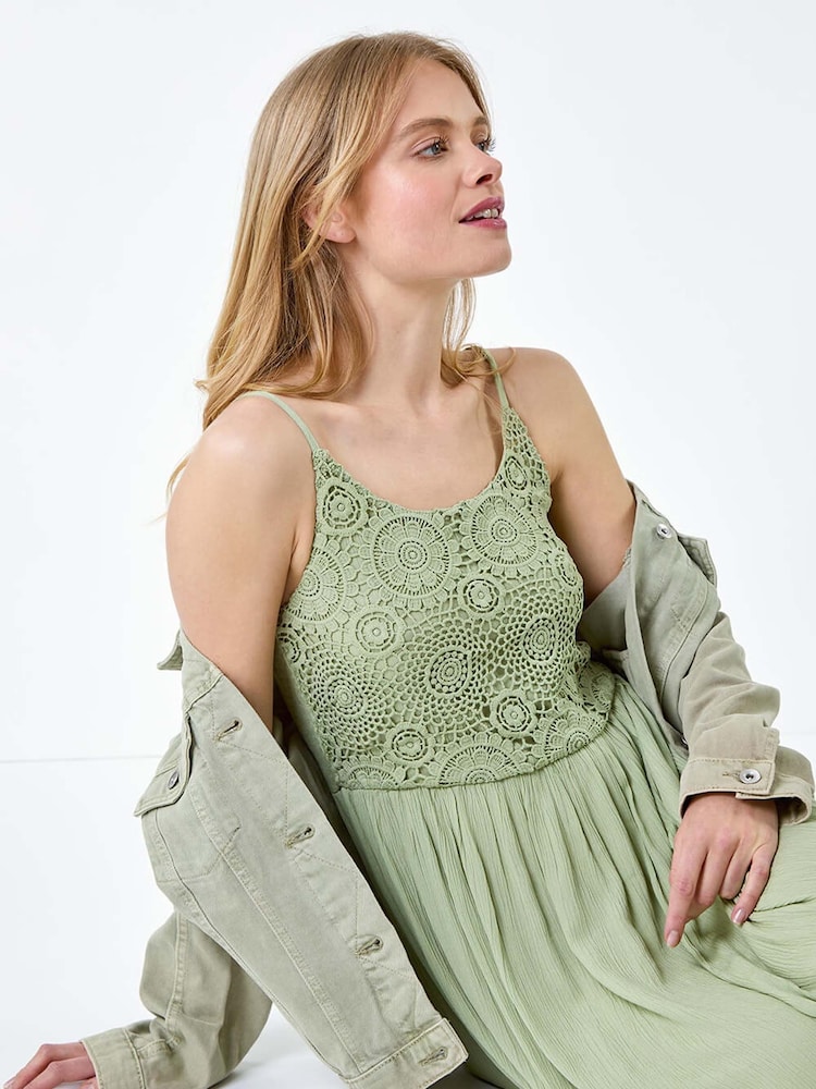 Roman Green Lace Bodice Shirred Midi Dress - Image 1 of 5