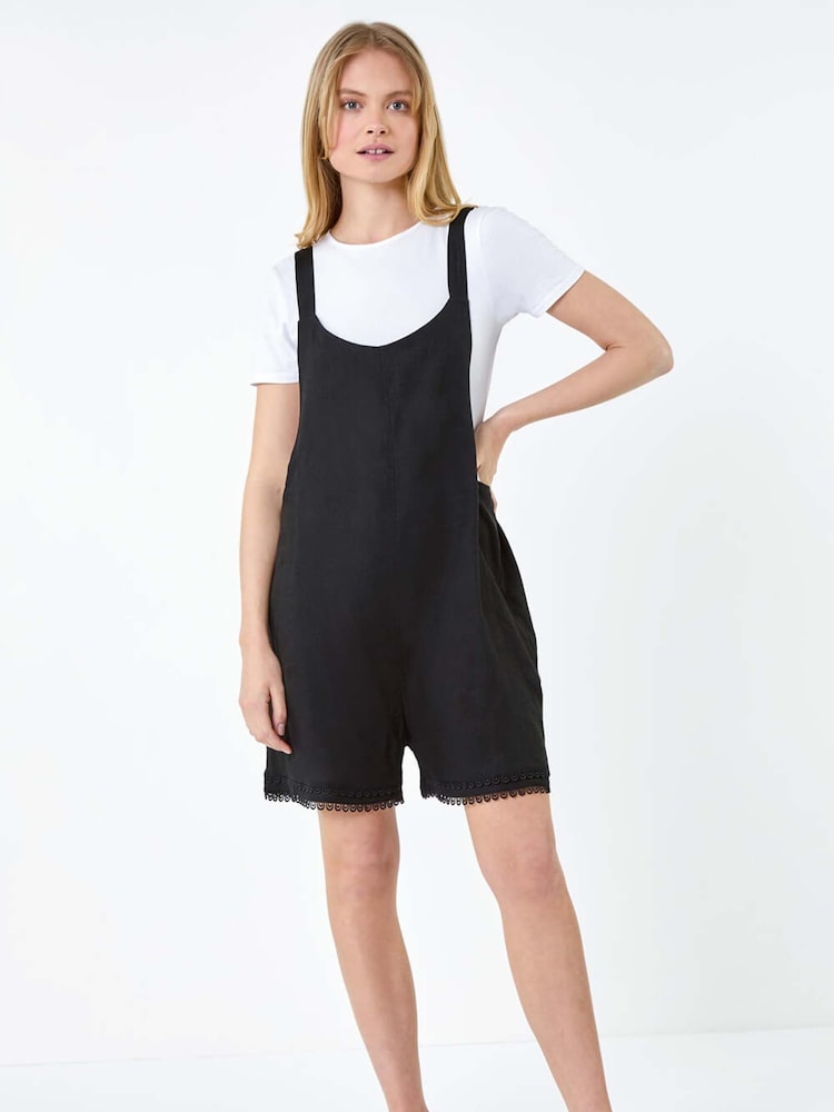 Roman Black Scallop Lace Trim Pocket Cotton/Linen Mix Playsuit - Image 1 of 5