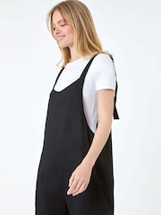 Roman Black Scallop Lace Trim Pocket Cotton/Linen Mix Playsuit - Image 4 of 5