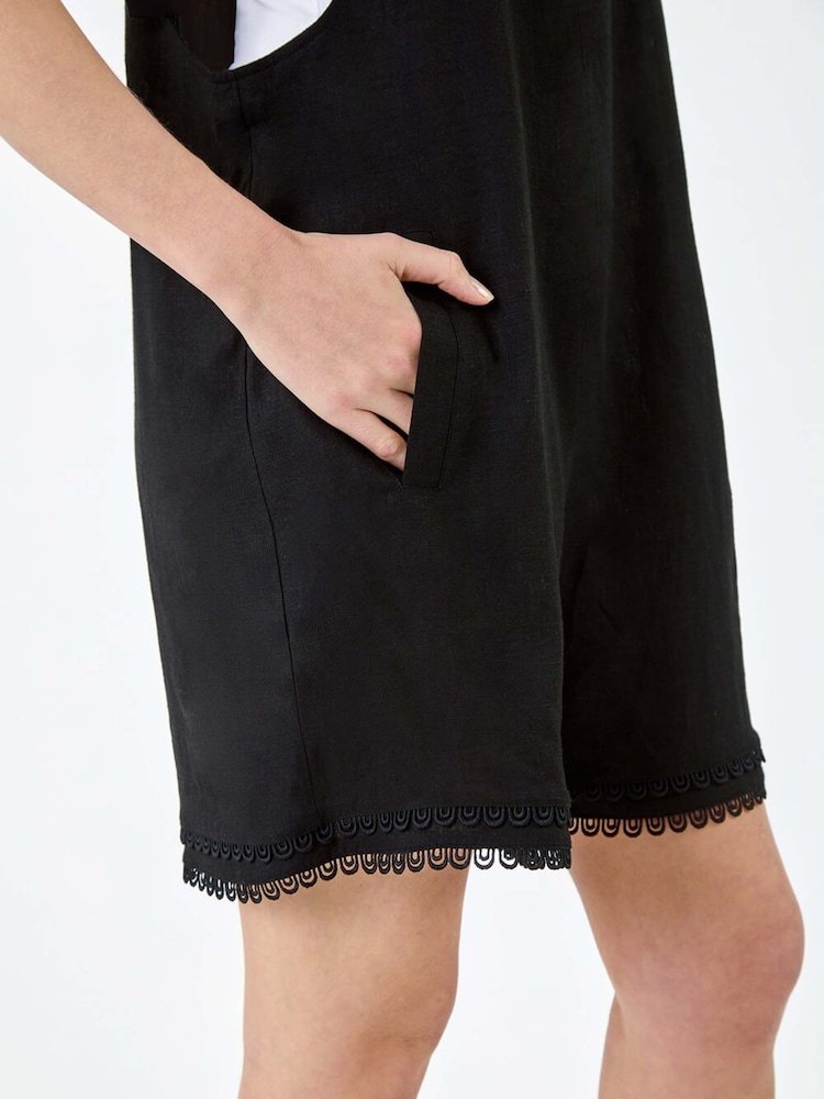 Roman Black Scallop Lace Trim Pocket Cotton/Linen Mix Playsuit - Image 5 of 5