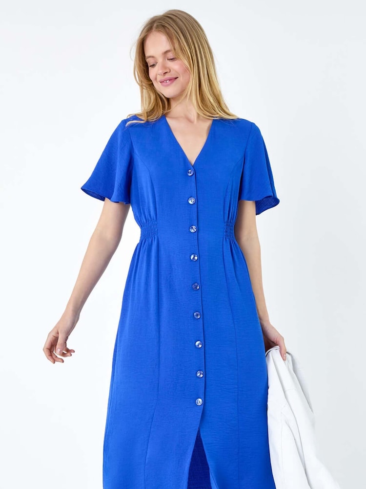 Roman Blue Button Through Shirred Midi Dress - Image 1 of 5