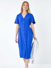 Roman Blue Button Through Shirred Midi Dress - Image 2 of 5