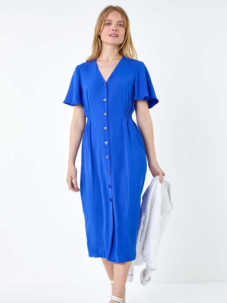 Roman Blue Button Through Shirred Midi Dress - Image 2 of 5