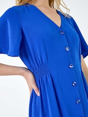 Roman Blue Button Through Shirred Midi Dress - Image 5 of 5