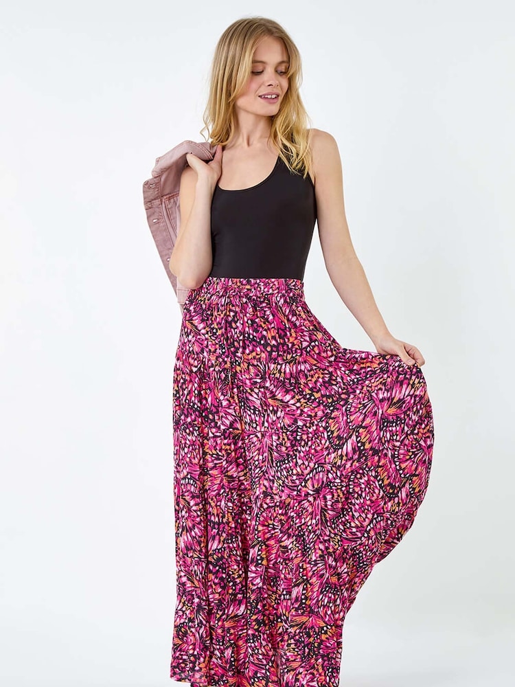 Roman Pink Butterfly Crinkle Tiered Maxi Skirt - Image 1 of 5