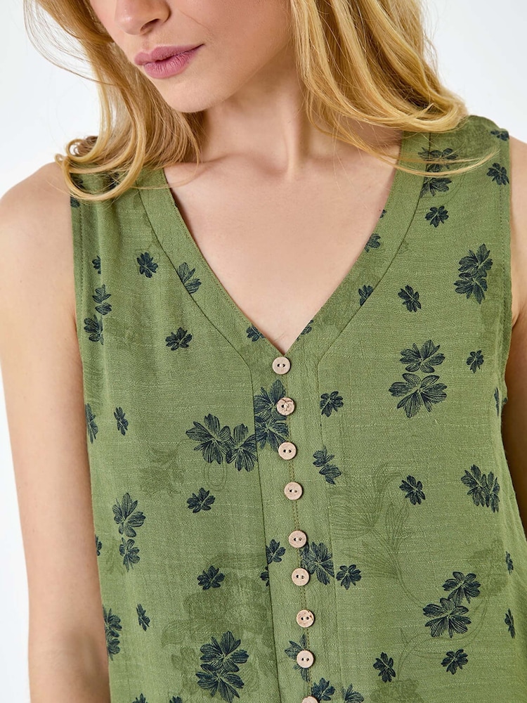 Roman Green Floral Print Button Detail Vest Top - Image 5 of 5