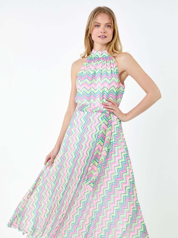 Roman Black Zig Zag Halter Neck Pleated Dress - Image 2 of 5