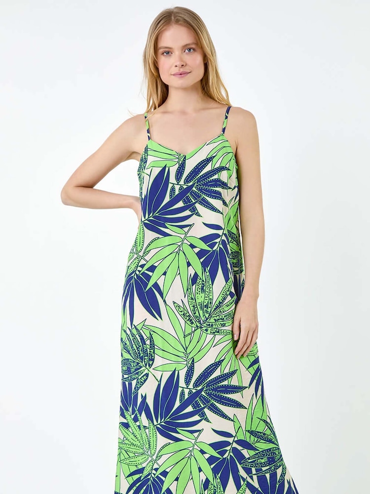 Roman Green Tropical Palm Print Midi Dress - Image 1 of 5