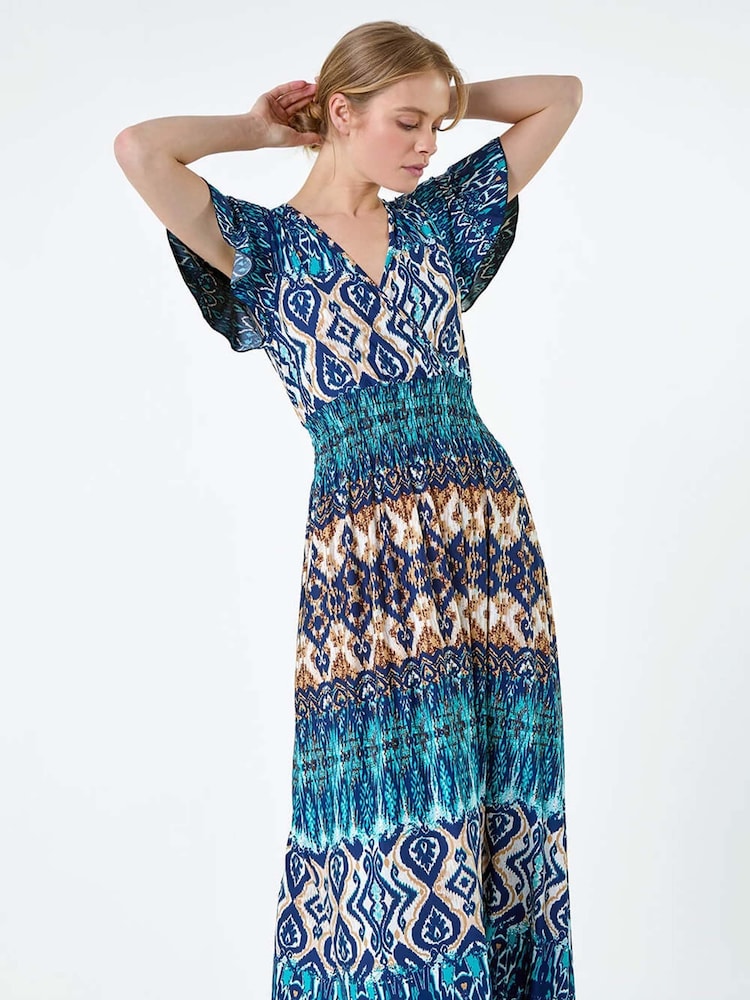 Roman Blue Print Shirred Stretch Maxi Dress - Image 1 of 5