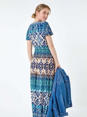 Roman Blue Print Shirred Stretch Maxi Dress - Image 2 of 5
