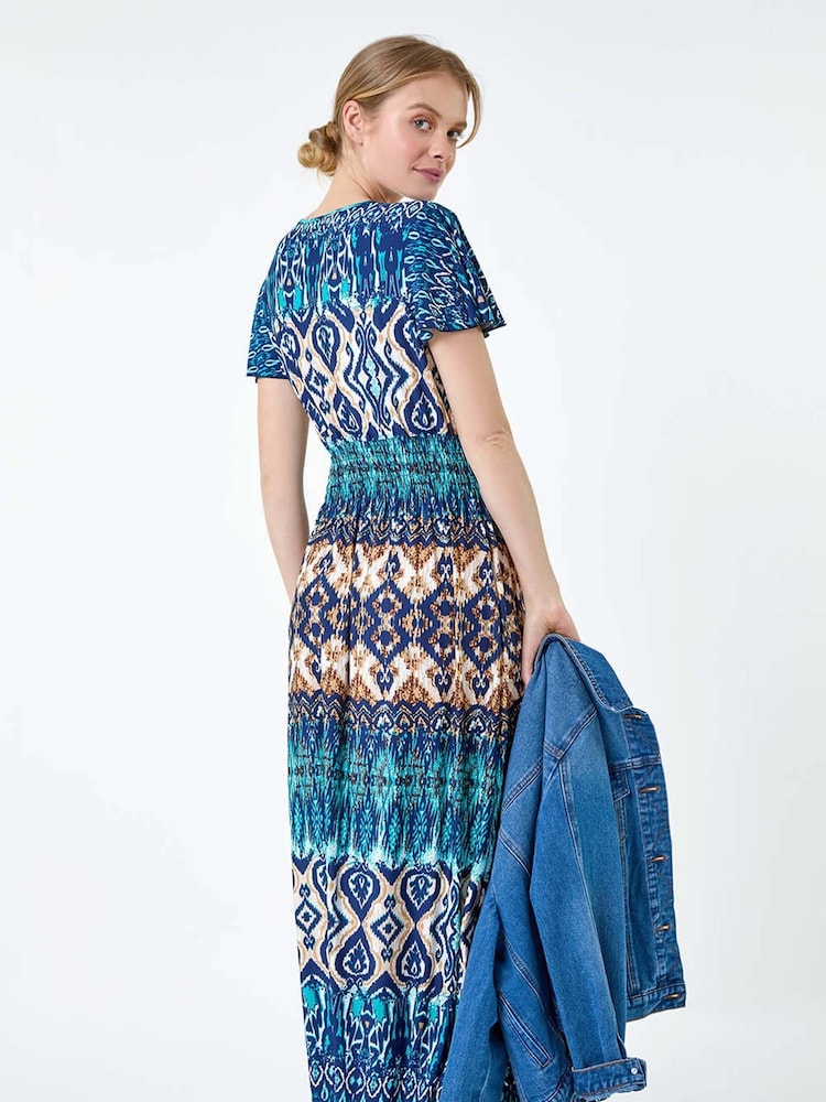 Roman Blue Print Shirred Stretch Maxi Dress - Image 2 of 5