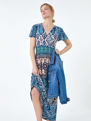 Roman Blue Print Shirred Stretch Maxi Dress - Image 3 of 5