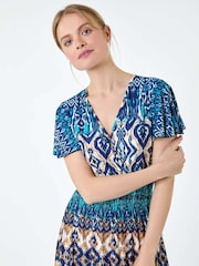 Roman Blue Print Shirred Stretch Maxi Dress - Image 4 of 5