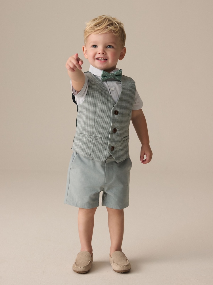 Sage Green Puppytooth Waistcoat, Shirt, Shorts and Bow Tie Set (3mths-9yrs) - Image 4 of 9