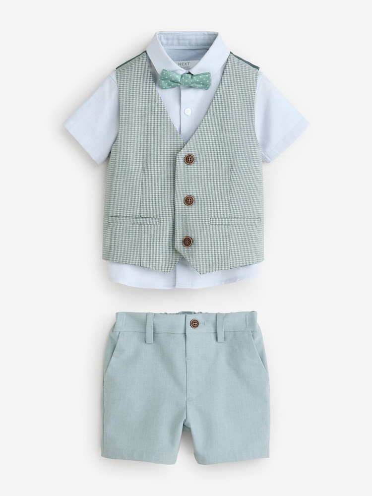 Sage Green Puppytooth Waistcoat, Shirt, Shorts and Bow Tie Set (3mths-9yrs) - Image 5 of 9