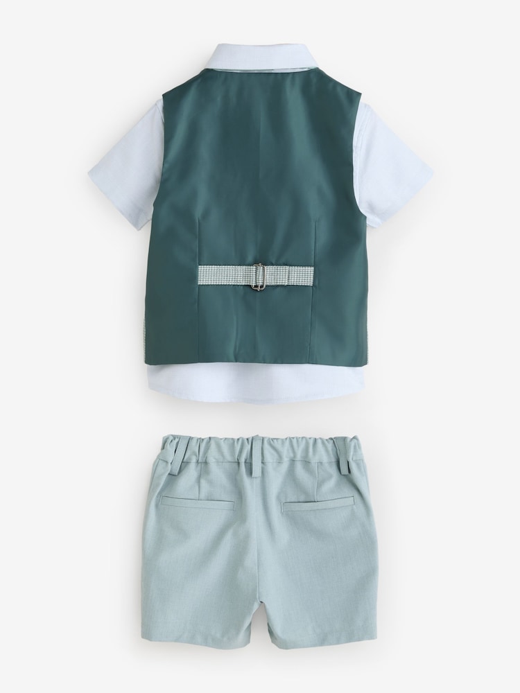 Sage Green Puppytooth Waistcoat, Shirt, Shorts and Bow Tie Set (3mths-9yrs) - Image 6 of 9