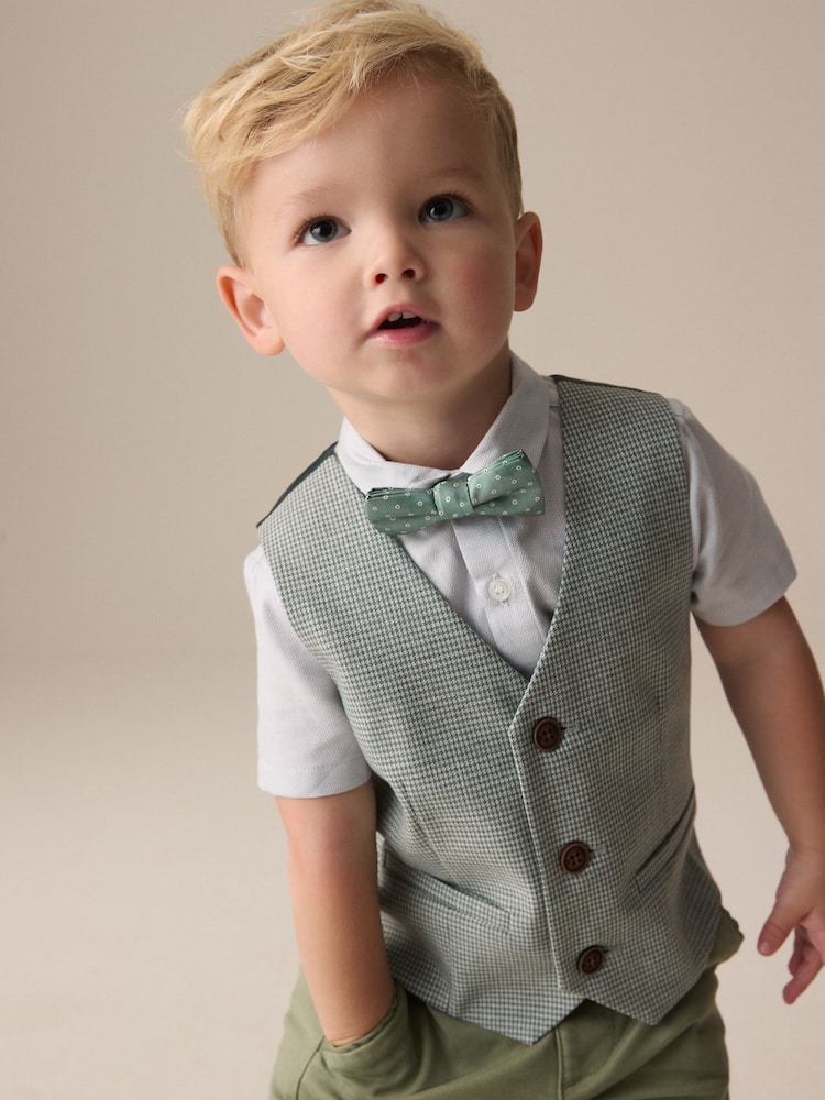 צבע ירוק מרווה בדוגמת פפיטה - Waistcoat, Shirt and Bow Tie Set (3mths-9yrs) - Image 4 of 9
