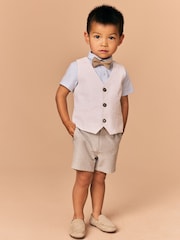 Neutral Tan Waistcoat Shirt Short and Bow Tie Set (3mths-9yrs) - Image 1 of 4