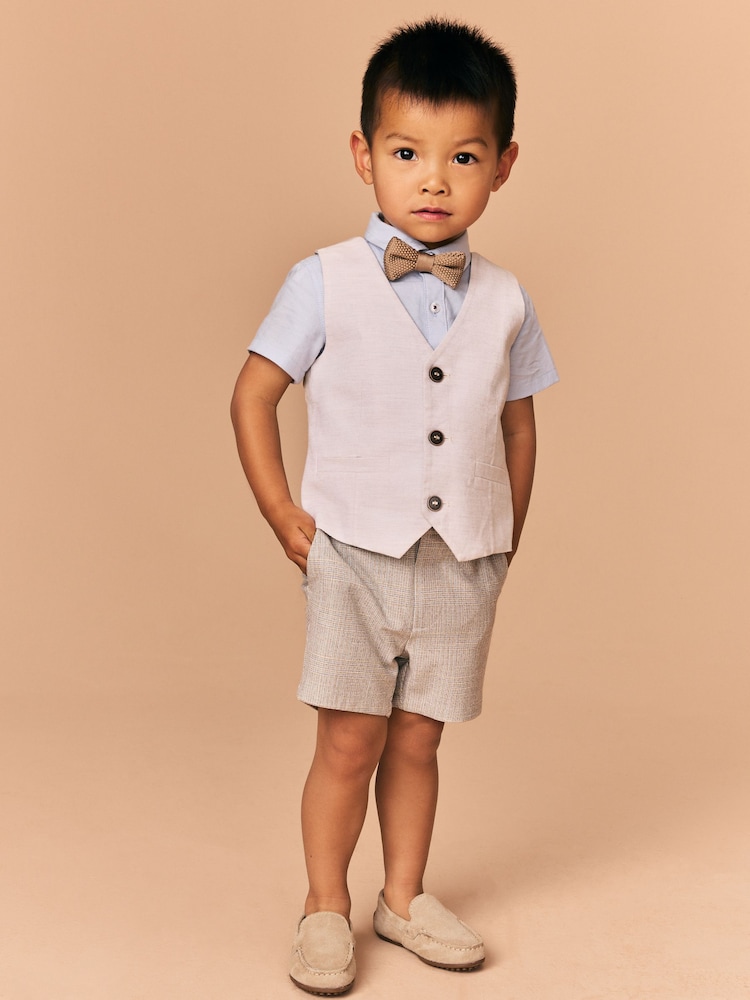 Neutral Tan Waistcoat Shirt Short and Bow Tie Set (3mths-9yrs) - Image 1 of 4