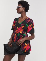 JD Williams Black Angel Sleeve V-Neck Button Front Printed Longline Top - Image 1 of 4
