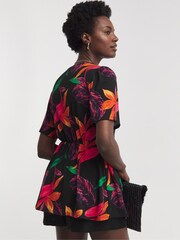 JD Williams Black Angel Sleeve V-Neck Button Front Printed Longline Top - Image 2 of 4