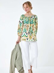 Roman Green Aztec Style Print Stretch Bardot Top - Image 1 of 5