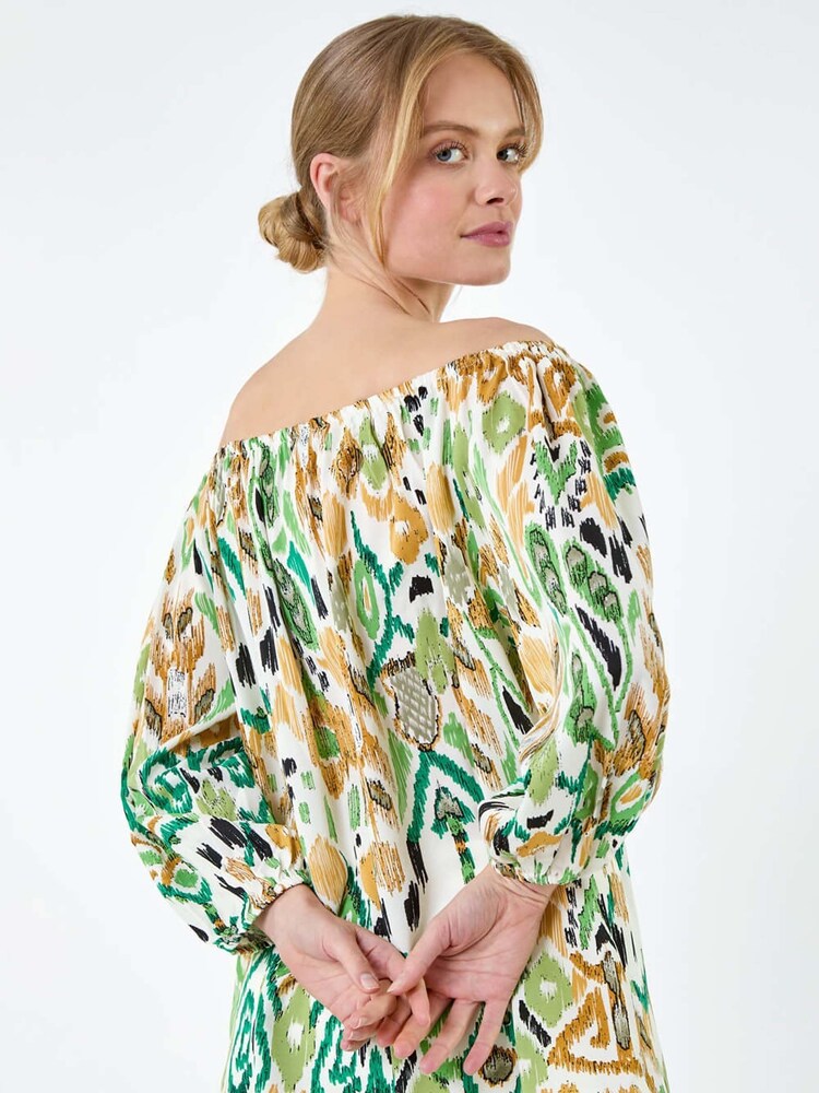 Roman Green Aztec Style Print Stretch Bardot Top - Image 2 of 5