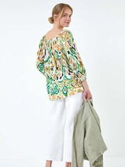 Roman Green Aztec Style Print Stretch Bardot Top - Image 3 of 5
