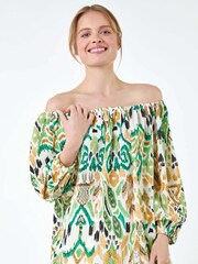 Roman Green Aztec Style Print Stretch Bardot Top - Image 4 of 5
