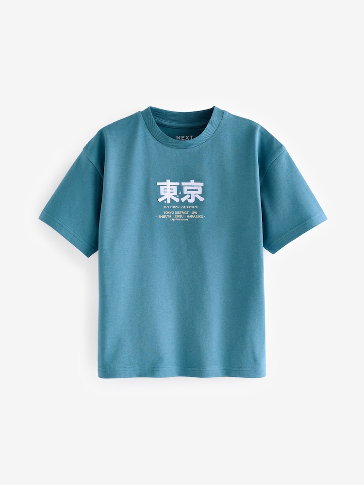 Teal Blue Embroidery Relaxed Fit Short Sleeve Graphic 100% Cotton T-Shirt (3-16yrs) - Image 1 of 4