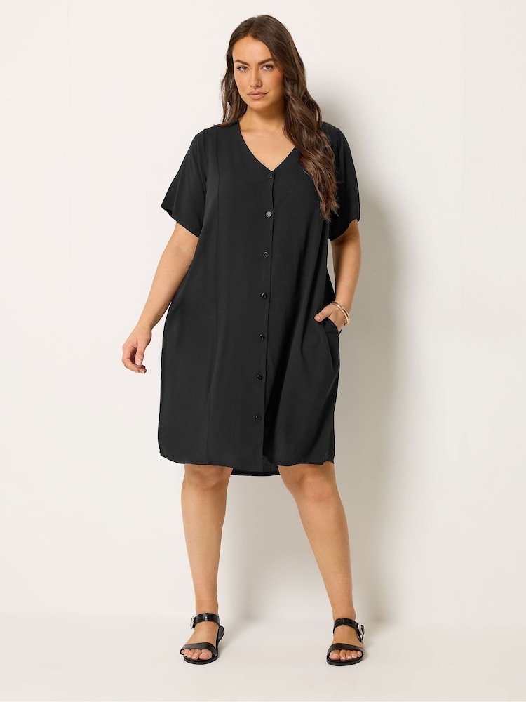 Yours Curve Black Button Through Tunic Dress - Image 2 of 5 Yours Curve Black Button Through Tunic Dress - Image 2 of 5