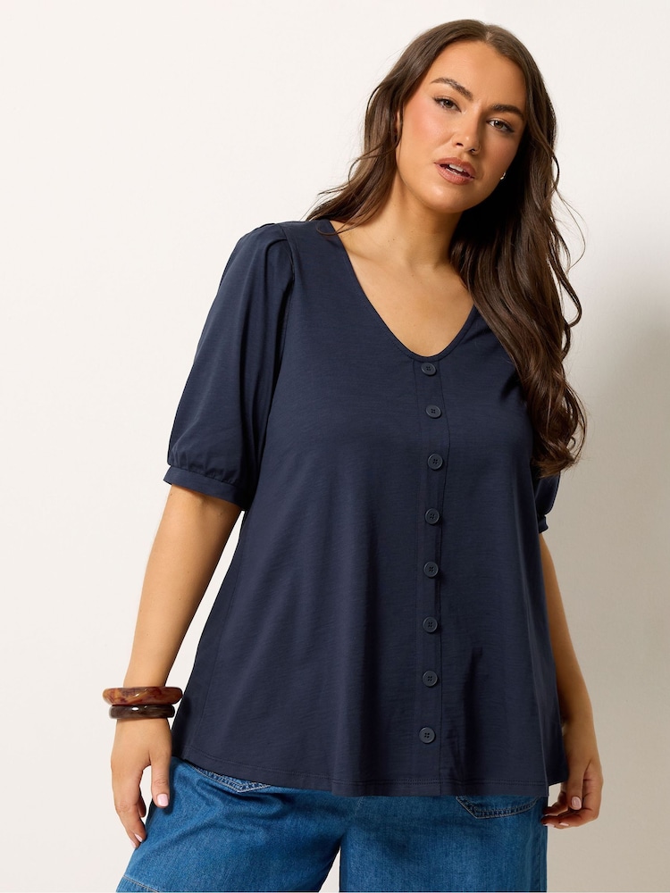 Yours Curve Blue Button Front Puff Sleeve V-Neck Top - Image 1 of 5