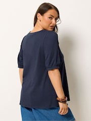Yours Curve Blue Button Front Puff Sleeve V-Neck Top - Image 2 of 5