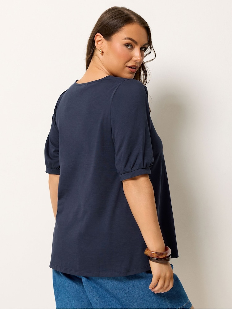 Yours Curve Blue Button Front Puff Sleeve V-Neck Top - Image 2 of 5