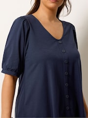 Yours Curve Blue Button Front Puff Sleeve V-Neck Top - Image 3 of 5