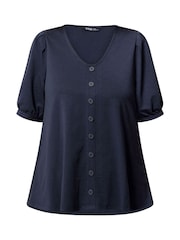 Yours Curve Blue Button Front Puff Sleeve V-Neck Top - Image 5 of 5