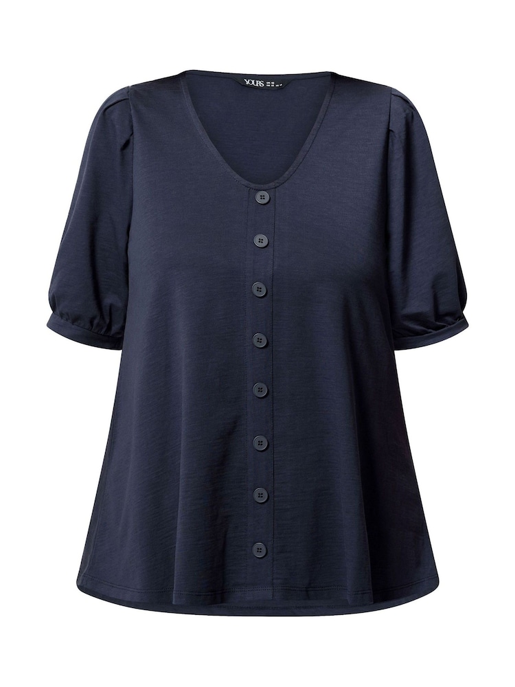 Yours Curve Blue Button Front Puff Sleeve V-Neck Top - Image 5 of 5