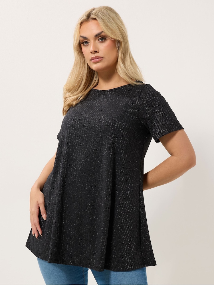 Yours Curve Black Soft Touch Shimmer Ribbed Top - Image 1 of 5