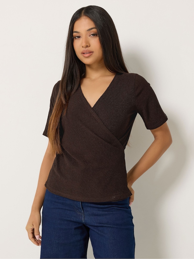 M&Co Brown Petite Textured Wrap Top - Image 1 of 6