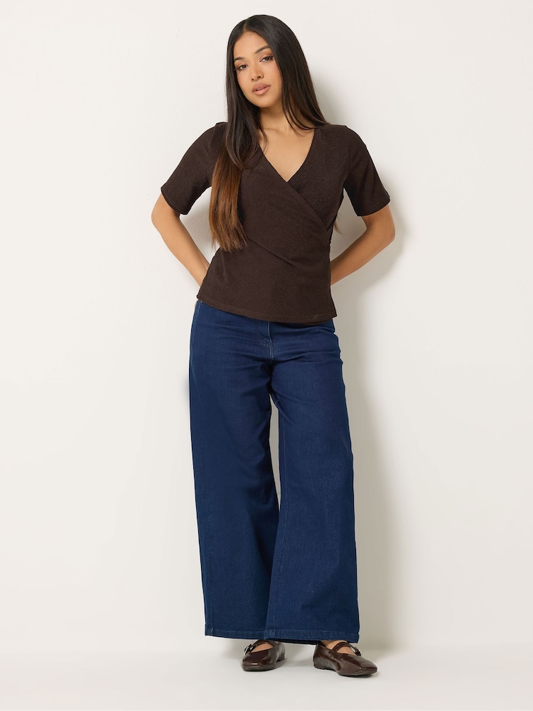 M&Co Brown Petite Textured Wrap Top - Image 2 of 6