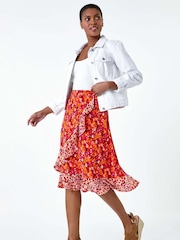 Roman Orange Mixed Animal Print Frill Wrap Skirt - Image 1 of 5